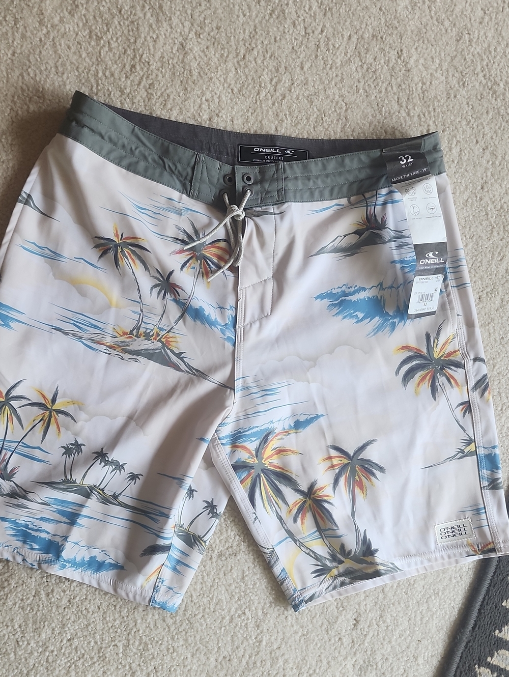 O'Neill Men’s Palm-Print Swim Shorts - White, Gray, Blue, Yellow